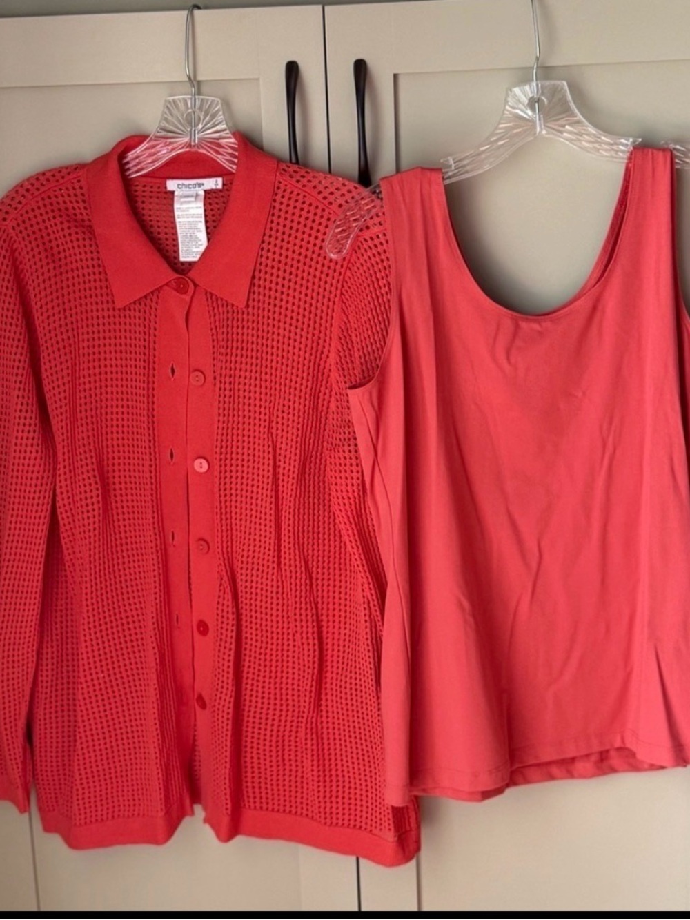 EUC Chico's Open Knit Button-Up Cardi & Tank Top SZ 2 (L/12) Coral/Burnt Orange - Picture 13 of 16
